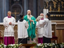 Pope Leo XIV celebrates Mass in St. Peter’s Basilica at the Vatican on Nov. 16, 2025.