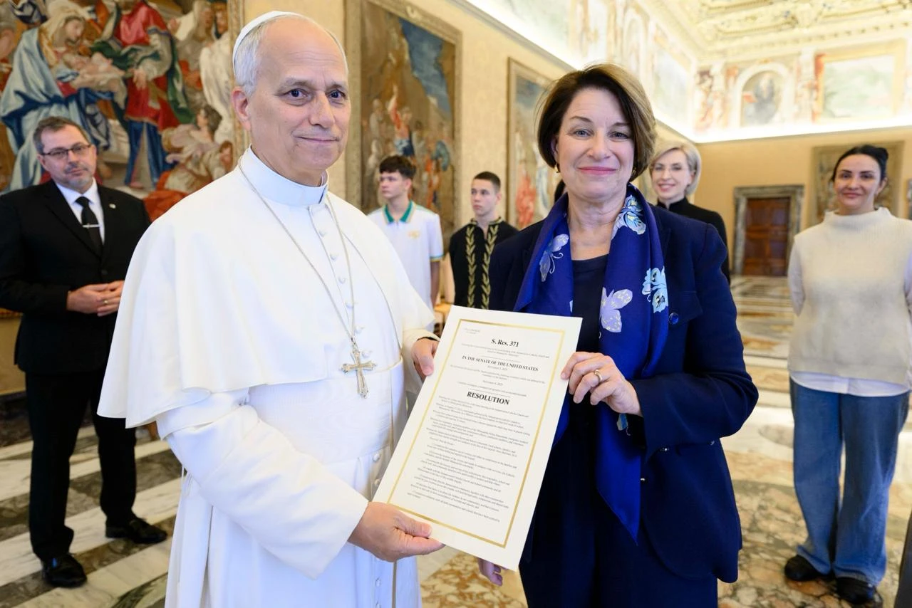 U.S. Sen. Amy Klobuchar, D-Minnesota, meets Pope Leo XIV, along with a delegation of Ukrainian mothers, wives, and teenagers, at the Vatican on Nov. 21, 2025.?w=200&h=150