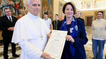 U.S. Sen. Amy Klobuchar, D-Minnesota, meets Pope Leo XIV, along with a delegation of Ukrainian mothers, wives, and teenagers, at the Vatican on Nov. 21, 2025.