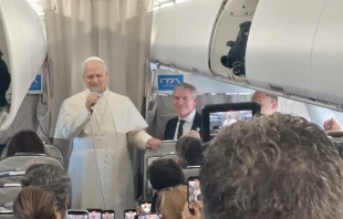 Pope Leo XIV talks to reporters during his flight to Lebanon on Nov. 30, 2025. Credit: Elias Turk/EWTN News