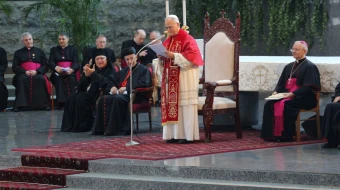 Pope Leo XIV addressed Lebanon’s bishops, clergy, and pastoral workers at Harissa, Lebanon, on Dec. 1, 2025.