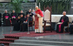 Pope Leo XIV addressed Lebanon’s bishops, clergy, and pastoral workers at Harissa, Lebanon, on Dec. 1, 2025. Credit: Elias Turk/EWTN