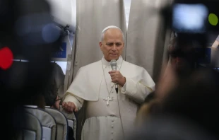 Pope Leo XIV speaks with reporters on his flight from Beirut to Rome on Dec. 2, 2025. Credit: Elias Turk/EWTN
