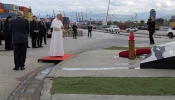 Pope Leo XIV prays in silence at the site of the 2020 port explosion in Beirut, Lebanon, on Dec. 2, 2025.