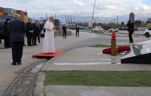 Pope Leo XIV prays in silence at the site of the 2020 port explosion in Beirut, Lebanon, on Dec. 2, 2025. Credit: AIGAV Pool