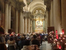 Italian Bishop Antonio Staglianò celebrates a Mass for the Jubilee of Tourism at Rome’s Church of San Salvatore in Lauro on Dec. 15, 2025.