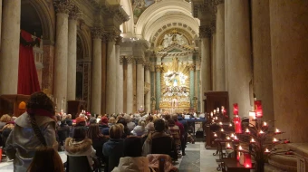 Italian Bishop Antonio Staglianò celebrates a Mass for the Jubilee of Tourism at Rome’s Church of San Salvatore in Lauro on Dec. 15, 2025.