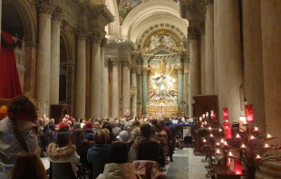 Italian Bishop Antonio Staglianò celebrates a Mass for the Jubilee of Tourism at Rome’s Church of San Salvatore in Lauro on Dec. 15, 2025. Credit: Kristina Millare/EWTN