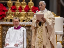 Pope Leo XIV celebrates Mass in St. Peter's Basilica at the Vatican on December 25, 2025.