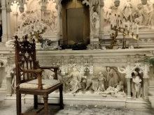 The damaged altar of St. Augustine Catholic Church in Brooklyn, New York City, N.Y.