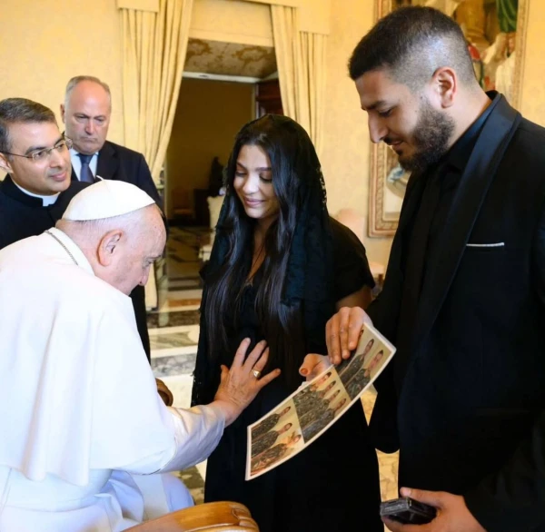 William Noun and his wife, Maria — who, like him, lost a sibling in the Beirut port explosion — traveled to Rome where they met Pope Francis, who blessed their unborn child, in 2024. Credit: Photo courtesy of William Noun