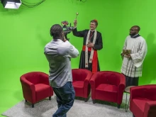 Cardinal Rainer Maria Woelki blesses the new studio of Catholic TV station EWTN.TV in Cologne, Germany, on Aug. 30, 2023.