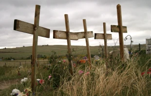 Crosses stand in a row at the Wounded Knee Memorial in South Dakota. Credit: Von Roenn/Shutterstock