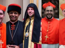 From left to right: Cardinal Francis Leo, Cardinal George Jacob Koovakad, Cardinal Mykola Bychok, Cardinal Giorgio Marengo, and Cardinal Américo Manuel Aguiar Alves.