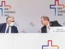 Thomas Sternberg and Bishop Georg Bätzing at the Synodal Way’s second Synodal Assembly in Frankfurt, Germany, Sept. 30, 2021.