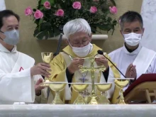 Cardinal Zen offers Mass on May 24, 2022 after appearing in court in Hong Kong.
