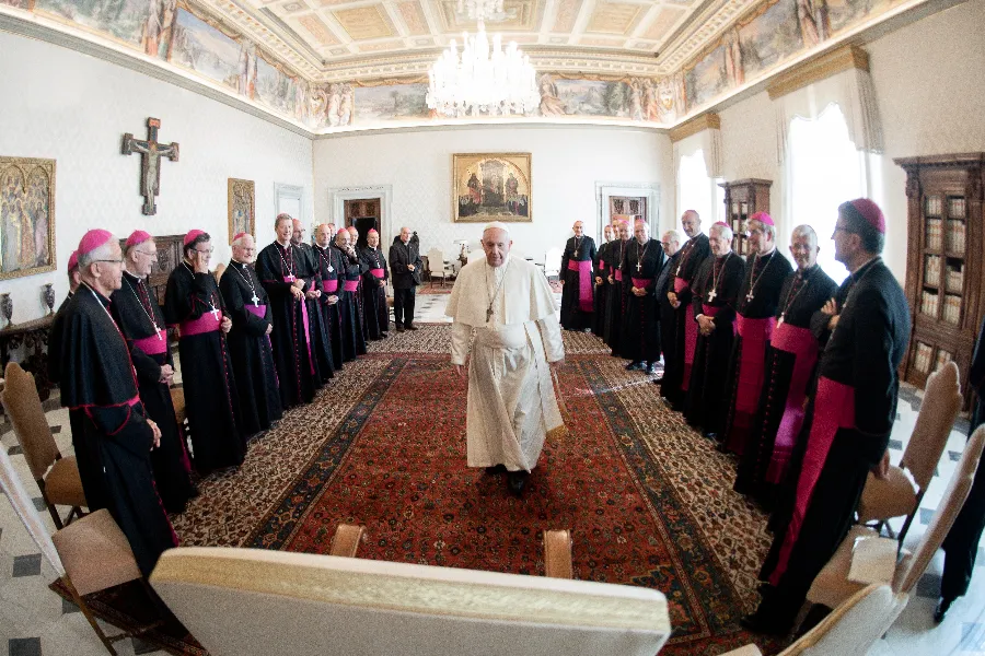 Pope Francis meets with a group of French bishops on their ad limina visit to Rome, Oct. 1, 2021.?w=200&h=150