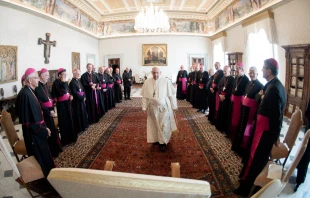 Pope Francis meets with a group of French bishops on their ad limina visit to Rome, Oct. 1, 2021. Vatican Media.