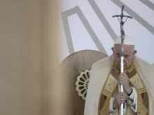 Pope Francis prays at Italy’s National Eucharistic Congress in Matera, Italy on Sept. 25, 2022.