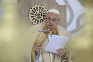 Pope Francis speaks in his Angelus address after Mass in Matera, Italy on Sept. 25, 2022.