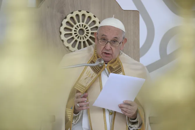 Pope Francis speaks in his Angelus address after Mass in Matera, Italy on Sept. 25, 2022.