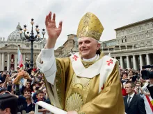 Pope Benedict XVI greets pilgrims in St. Peter's Square during his inaugural Mass April 24, 2005, as the Catholic Church's 265th pope.