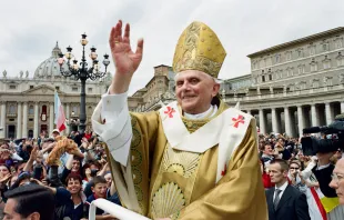 Pope Benedict XVI greets pilgrims in St. Peter's Square during his inaugural Mass April 24, 2005, as the Catholic Church's 265th pope. Vatican Media