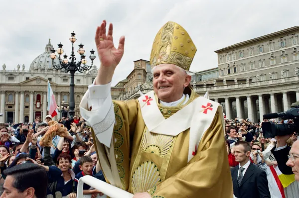 Pope Benedict XVI greets pilgrims in St. Peter's Square during his inaugural Mass on April 24, 2005. Vatican Media.