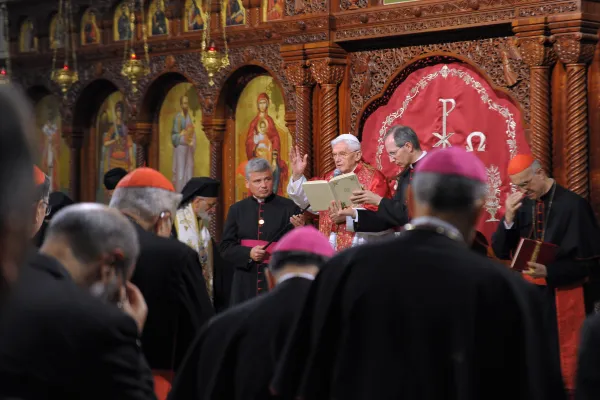 Pope Benedict XVI visited the Melkite Greek Catholic Basilica of St. Paul in Harissa, where he signed his post-synodal apostolic exhortation "Ecclesia in Medio Oriente" during a trip to Lebanon Sept. 14, 2012. Vatican Media.