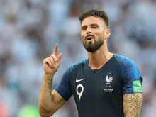 Soccer player Olivier Giroud, center forward for France, in victory over Argentina at the 2018 FIFA World Cup in Russia.