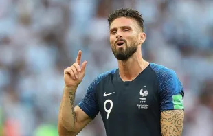 Soccer player Olivier Giroud, center forward for France, in victory over Argentina at the 2018 FIFA World Cup in Russia. Credit: Антон Зайцев for soccer.ru, CC BY-SA 3.0 GFDL, via Wikimedia Commons