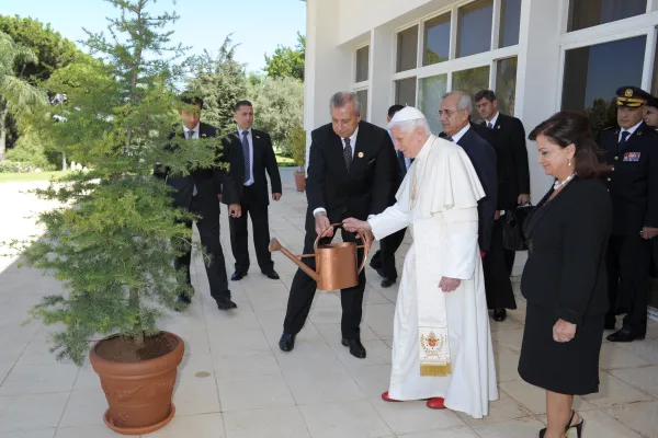 El Papa Benedicto XVI planta un árbol de cedro libanés en los jardines del palacio presidencial con el entonces presidente del Líbano, Michel Sleiman, durante una visita al Líbano el 15 de septiembre de 2012. Vatican Media.