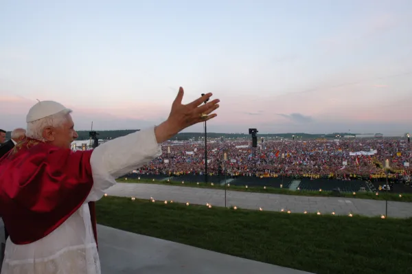 Pope Benedict XVI returns to his homeland for his first international event since being elected pope. He participated in World Youth Day in Cologne, Germany, Aug. 18–21, 2005. Vatican Media.