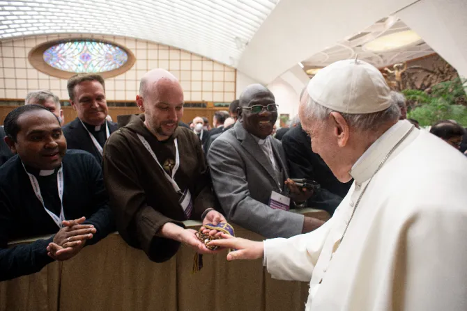Pope Francis greets Father John Paul Mary Zeller during a meeting with Missionaries of Mercy at the Vatican on April 25, 2022