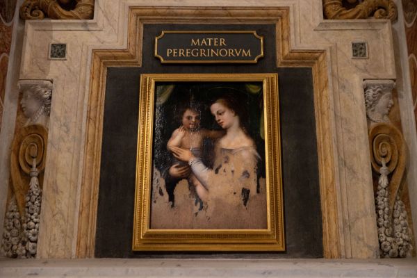 A restored 16th-century painting of Our Lady holding her Son can be found in St. Peter’s Basilica above the sarcophagus of Pope Gregory XIV under the title "Mother of Pilgrims." Daniel Ibañez/CNA