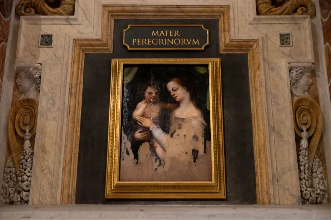 A restored 16th-century painting of Our Lady holding her son can be found in St. Peter’s Basilica above the sarcophagus of  Pope Gregory XIV.