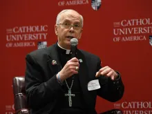 Bishop Mark Seitz of the Diocese of El Paso speaks at the “Responding to Changing Realities at the U.S. Border and Beyond" conference, hosted by the United States Conference of Catholic Bishops and the Catholic University of America on April 11, 2024.