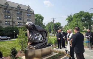 Cardinal Wilton Gregory of the Archdiocese of Washington, D.C., blesses the newly unveiled "National Life Monument" on the campus of The Catholic University of America's Theological College on May 17, 2023. Peter Pinedo|CNA