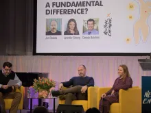 "A Fundamental Difference?" was the title of a conversation about generative artificial intelligence at the 2024 New York Encounter. From left to right are Indiana University’s Davide Bolchini, Jon Stokes of Symbolic AI, and journalist Jennifer Strong.