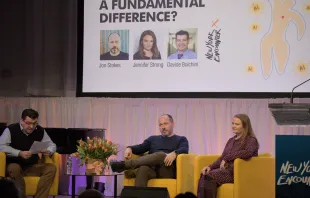 "A Fundamental Difference?" was the title of a conversation about generative artificial intelligence at the 2024 New York Encounter. From left to right are Indiana University’s Davide Bolchini, Jon Stokes of Symbolic AI, and journalist Jennifer Strong. Credit: Renata Gelmi