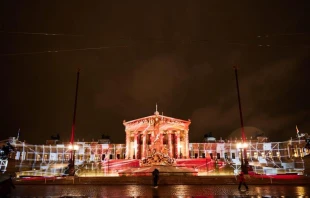 The Austrian Parliament building is lit red as part of the international "Red Week" in honor of persecuted Christians across the globe. Aid to the Church in Need