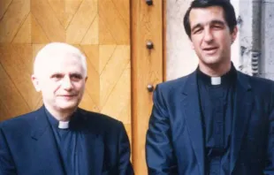 Father Joseph Fessio with then Cardinal Joseph Ratzinger during his 1999 visit to Ignatius Press Dorothy Petersen and Eva Muntean