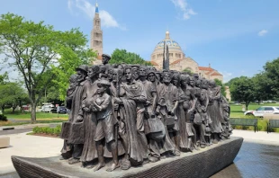 The “Angels Unawares” sculpture depicting immigrants to America on The Catholic University of America’s campus in Washington, D.C. Credit: Peter Pinedo/CNA
