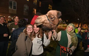 Students at The Catholic University of America posing with Delilah the Camel at the school's annual "Greccio" live nativity event on Dec. 12, 2021. Patrick Ryan/The Catholic University of America