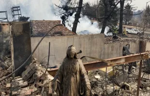 A Mary statue stands amid the remains of the Greany home in Louisville, Colo., following the Marshall Fire. Kat and Tom Greany via Archdiocese of Denver.