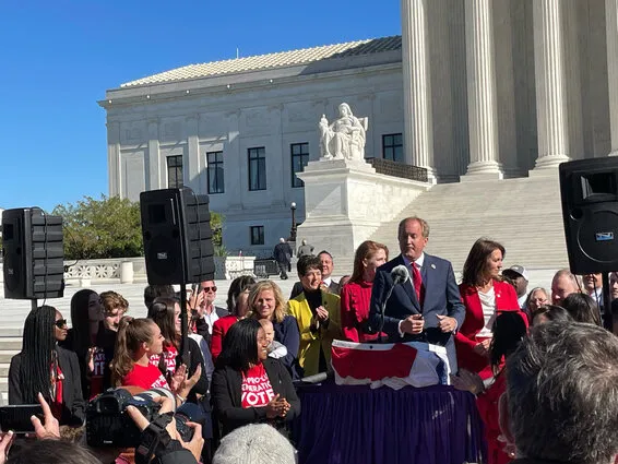 Texas Attorney General Ken Paxton speaks outside the Supreme Court following oral arguments on Nov. 1, 2021?w=200&h=150