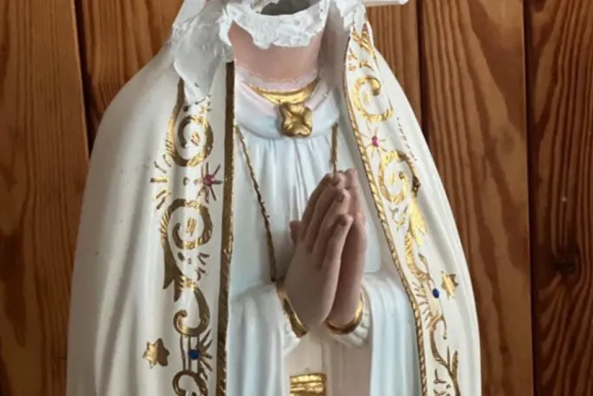 A damaged statue of Our Lady of Fatima at the Major Theological Seminary of the Sacred Heart of Jesus in Vorzel, Ukraine