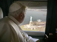 Pope Benedict XVI sees the Statue of Liberty from the air during his only visit to the United States April 15–20, 2008.