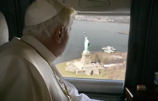 Pope Benedict XVI sees the Statue of Liberty from the air during his only visit to the United States April 15–20, 2008. Vatican Media