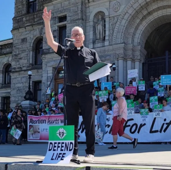Archdiocese of Vancouver pro-life chaplain Father Larry Lynn at the March for Life in Victoria, British Columbia, on May 9, 2024. Credit: Paul Schratz